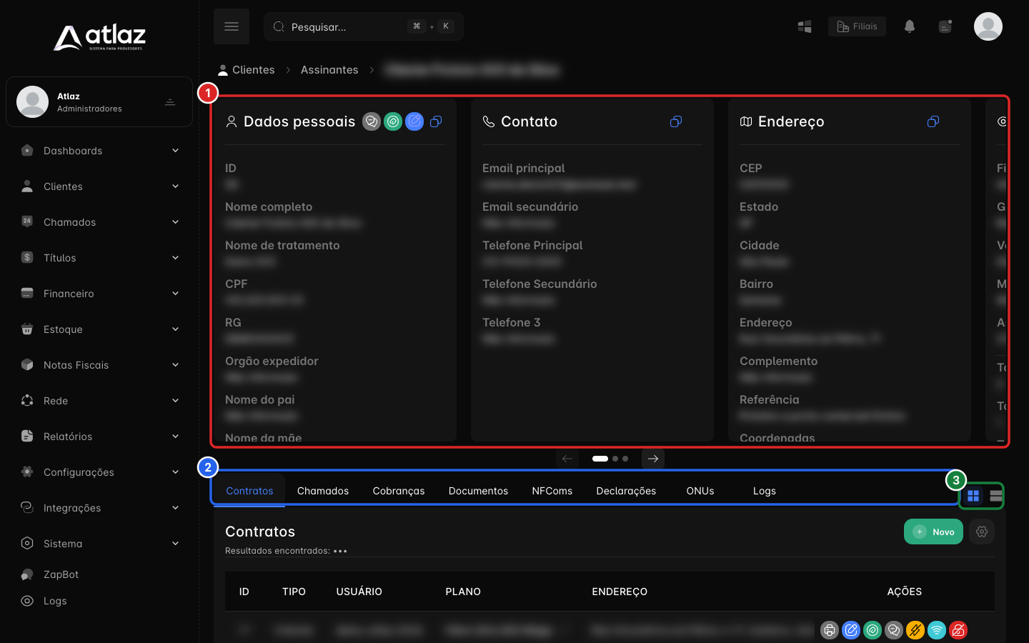 Ficha do assinante com os cartões de informação, as abas e o botão de layout