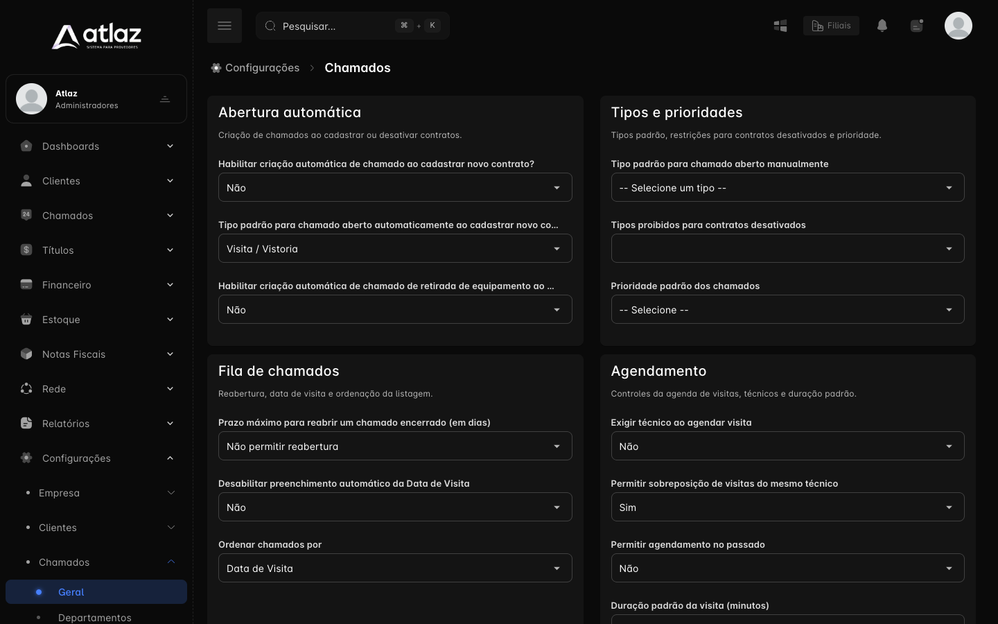 Tela Chamados, Geral, com as seções de abertura automática, tipos e prioridades, fila e agendamento