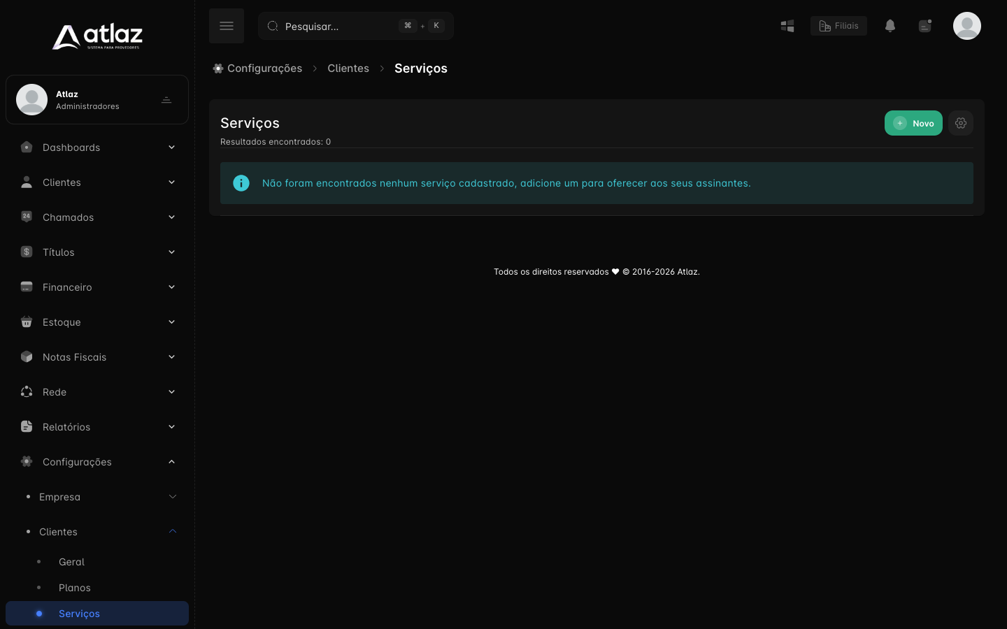 Tela Serviços com a lista e o botão Novo