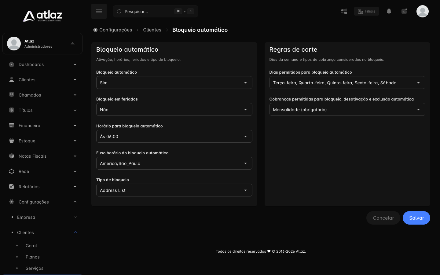 Tela Bloqueio automático com o campo Tipo de bloqueio