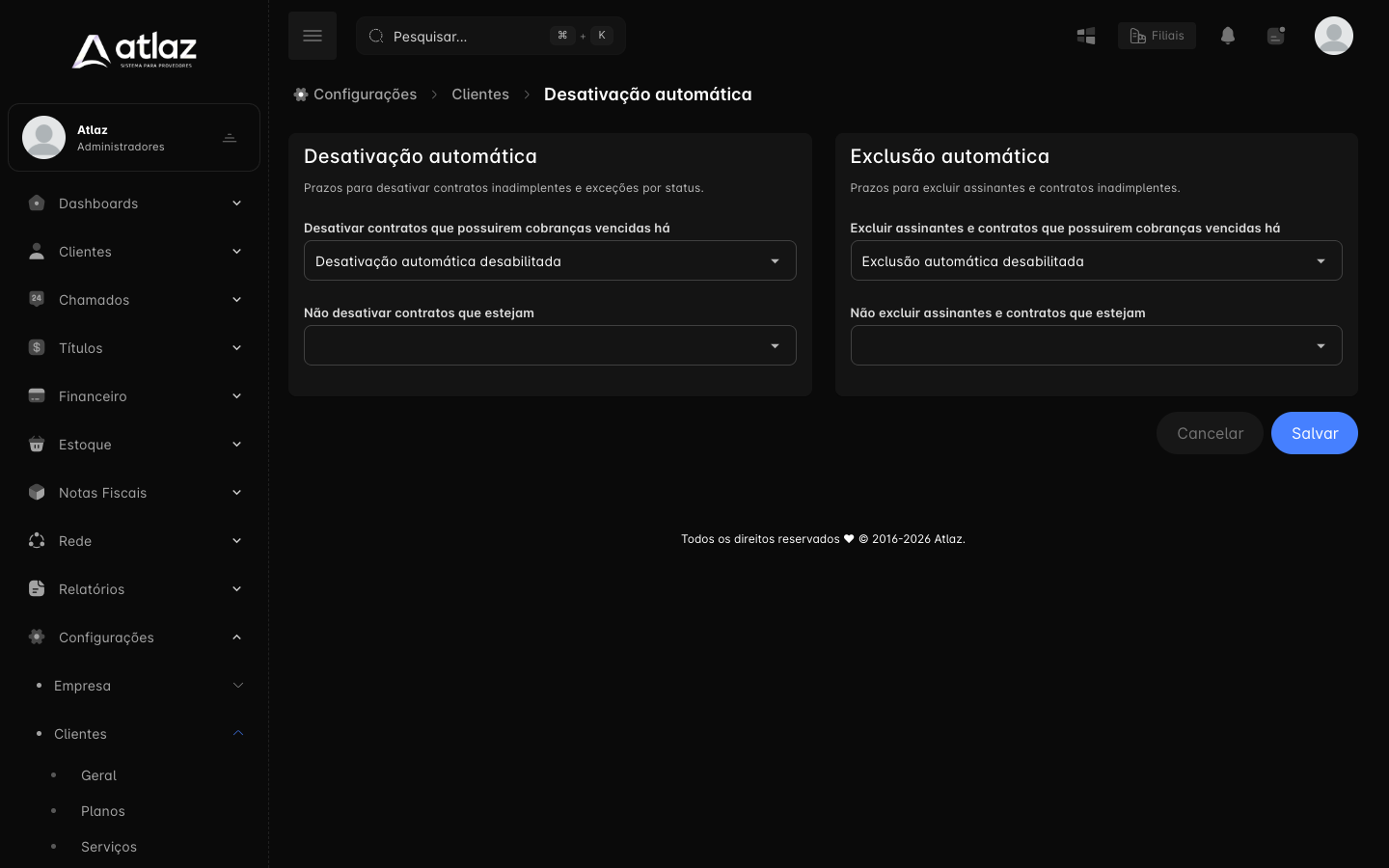 Tela Desativação automática com as seções de desativação e de exclusão automática