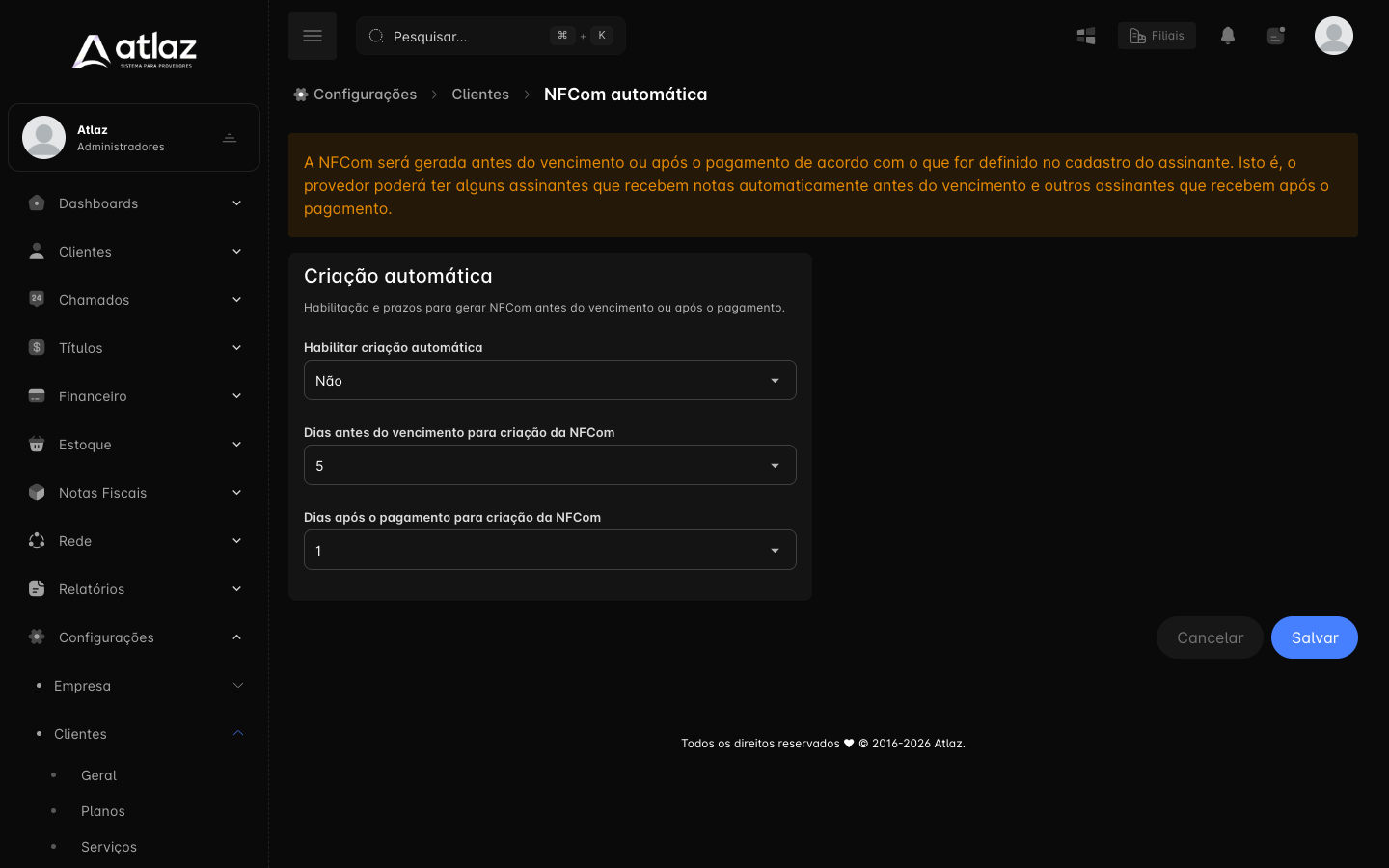 Tela NFCom automática com a criação automática e os prazos