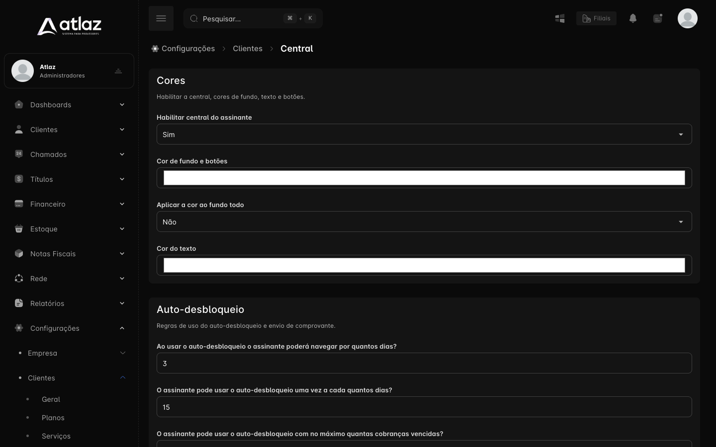 Tela Central com as seções Cores e Auto-desbloqueio