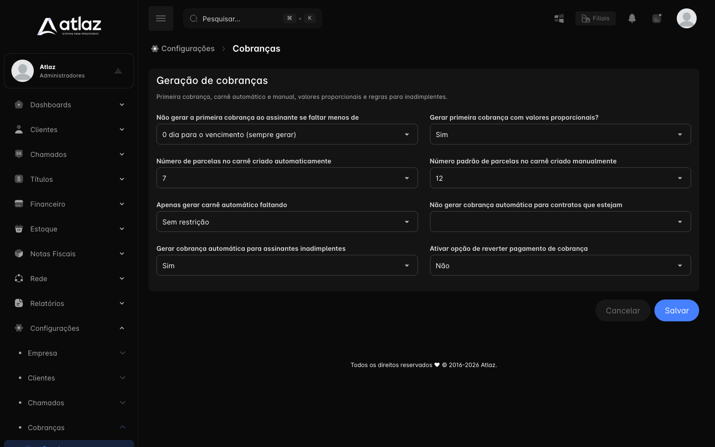 Tela Cobranças, Geral, com as regras de geração de cobranças