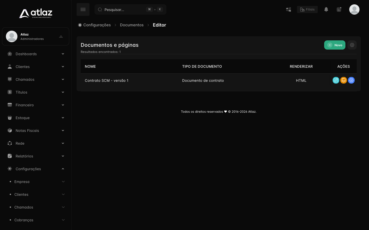 Tela Editor com a lista de documentos e páginas