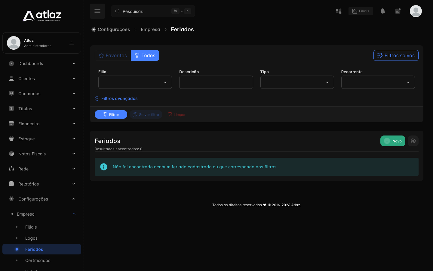 Tela Feriados com os filtros, a lista e o botão Novo