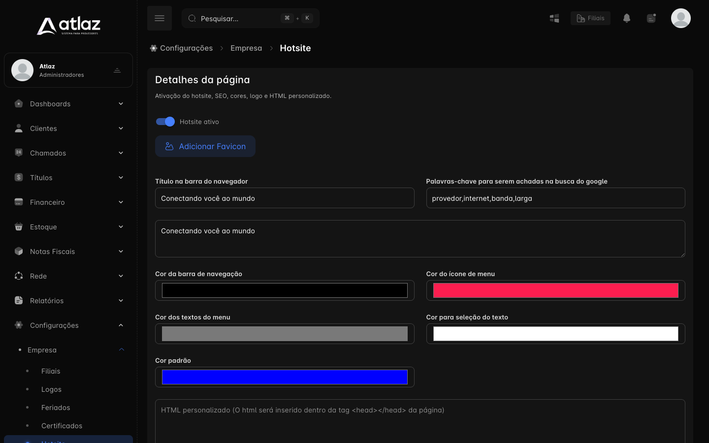 Tela Hotsite com a ativação, o favicon, o título e as cores