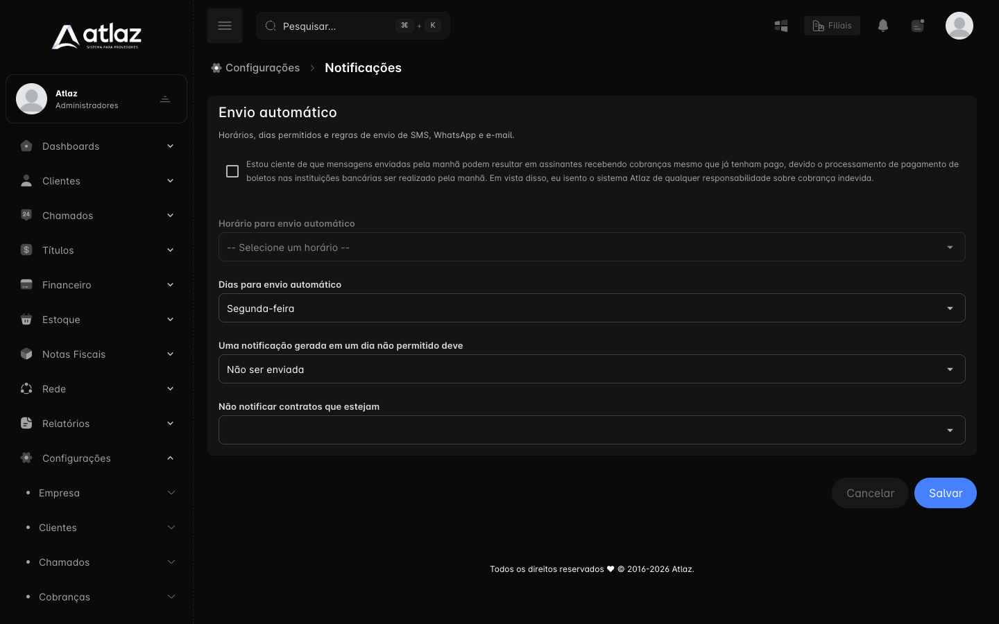 Tela Notificações, Geral, com o envio automático