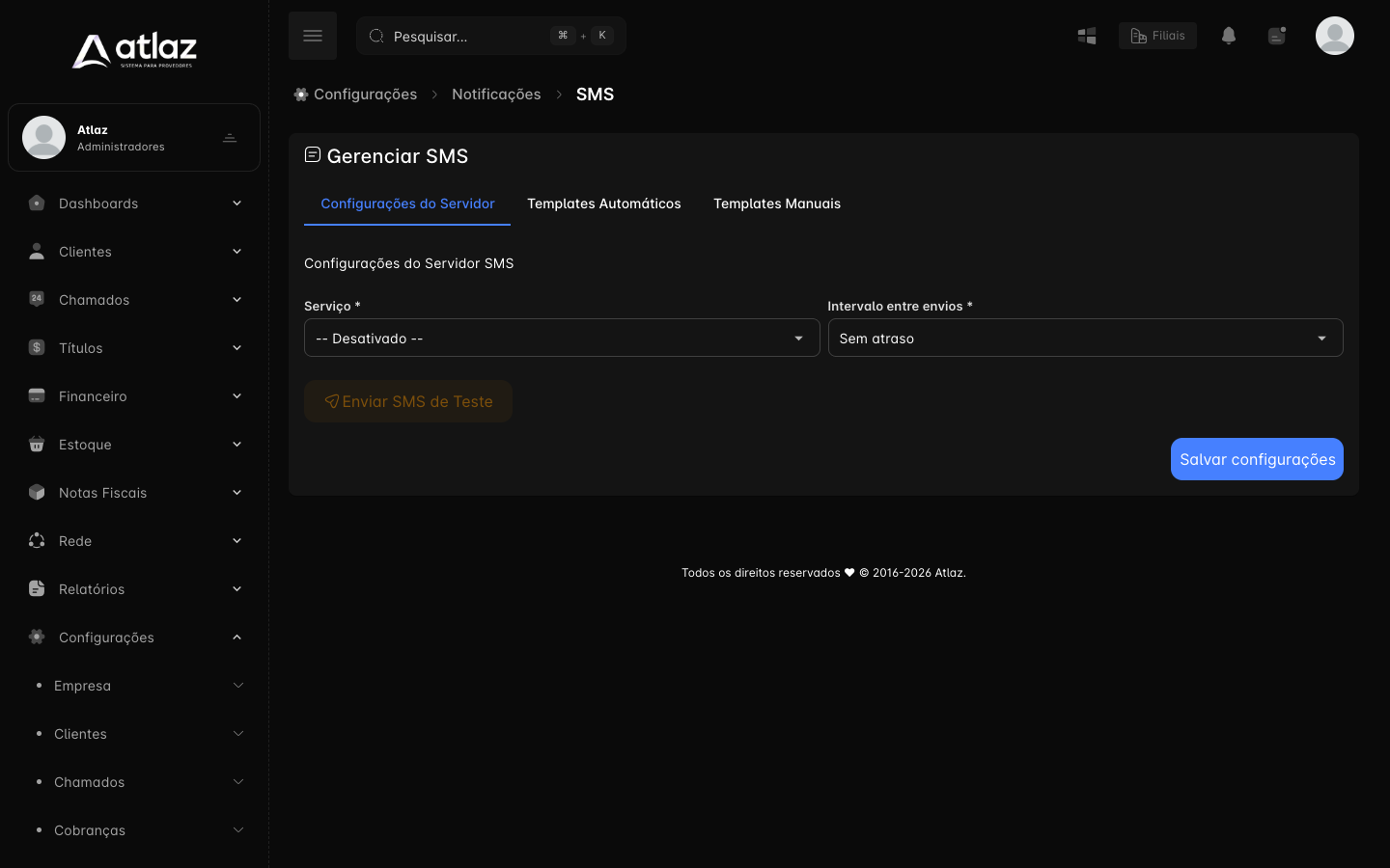 Tela Gerenciar SMS, aba Configurações do Servidor