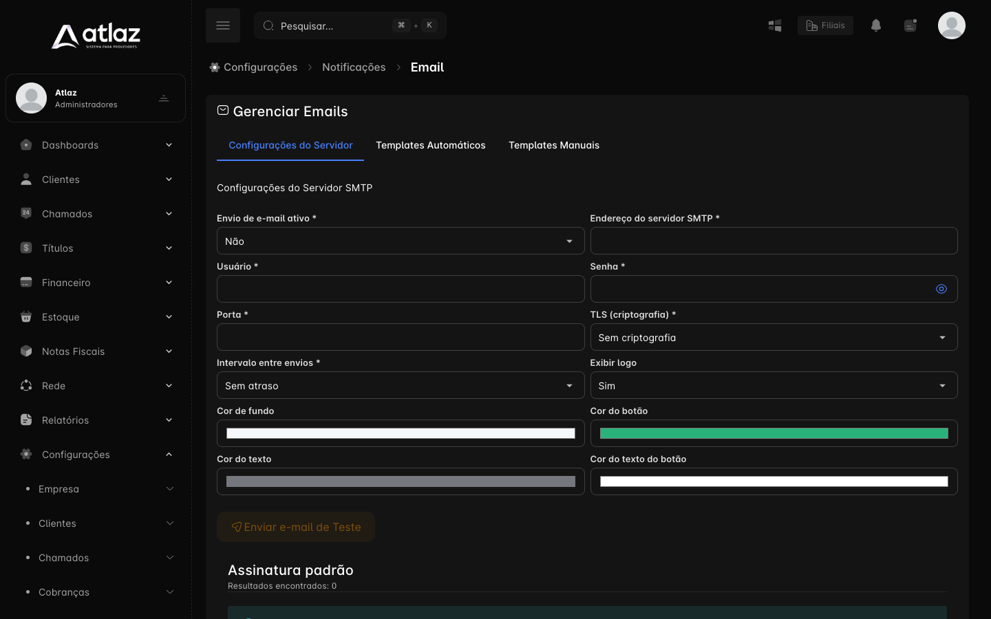 Tela Gerenciar Emails, aba Configurações do Servidor SMTP
