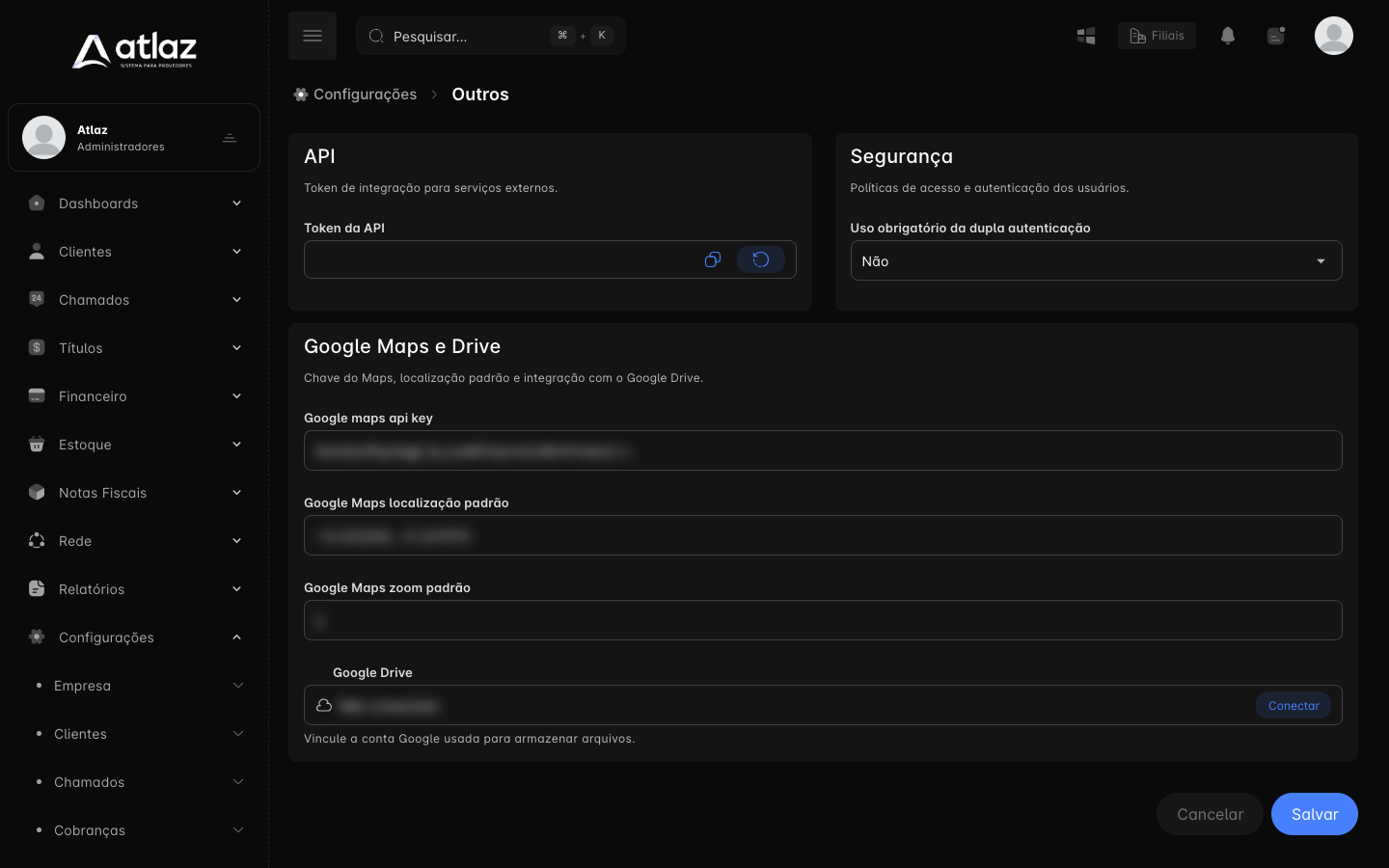 Tela Outros com as seções API, Segurança e Google Maps e Drive (valores ocultados)