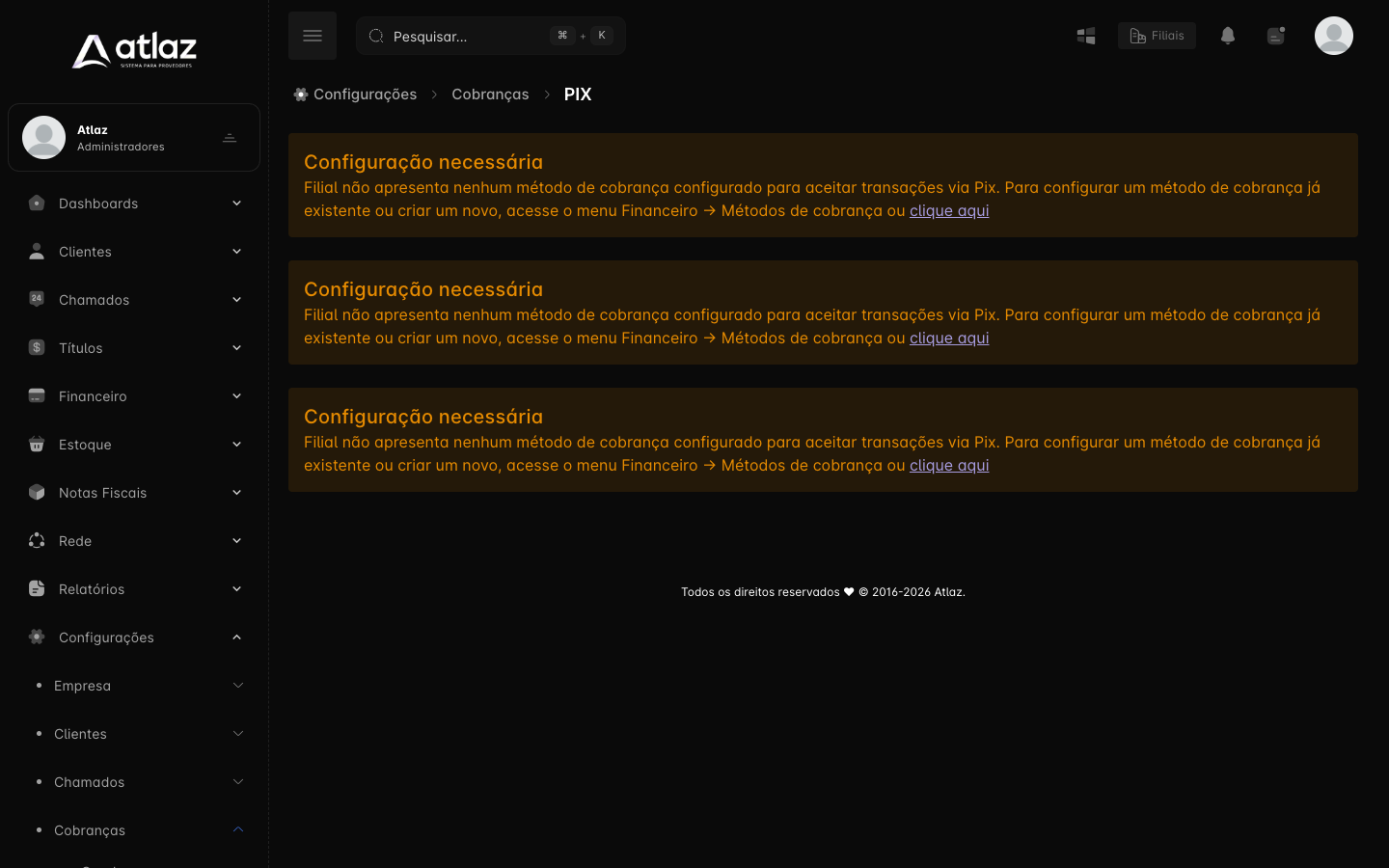 Tela PIX com o aviso Configuração necessária, mostrado uma vez por filial sem método preparado para Pix
