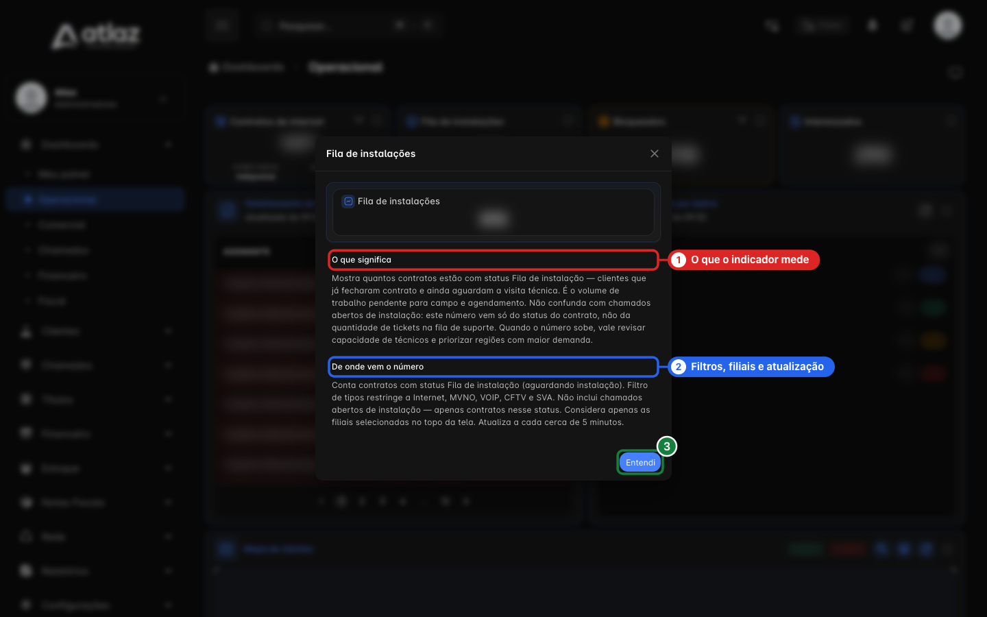 Janela de informação do widget Fila de instalações