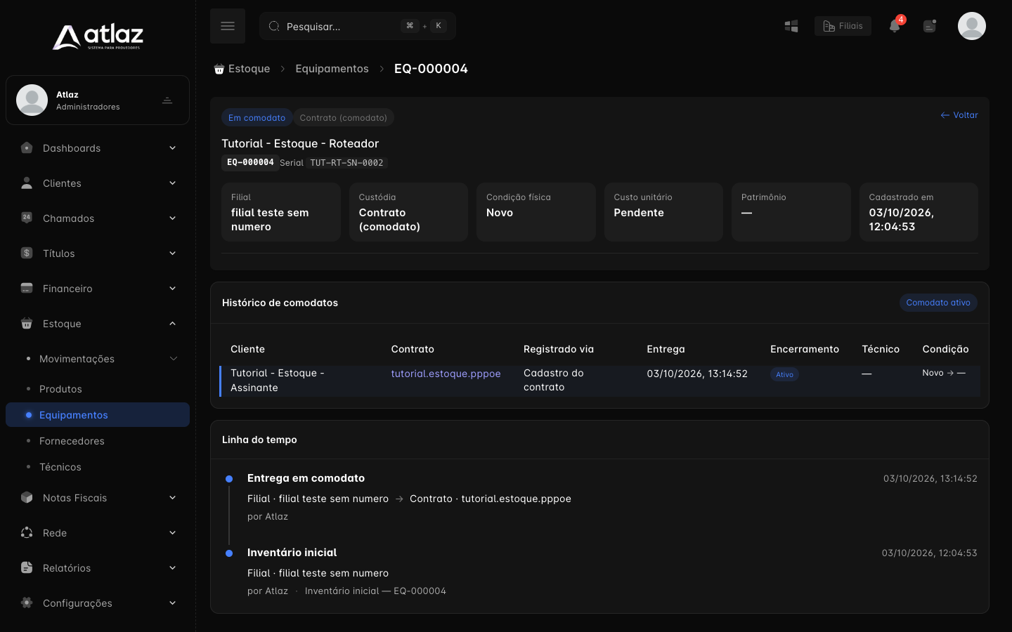 Ficha do equipamento com custódia, histórico de comodatos e linha do tempo