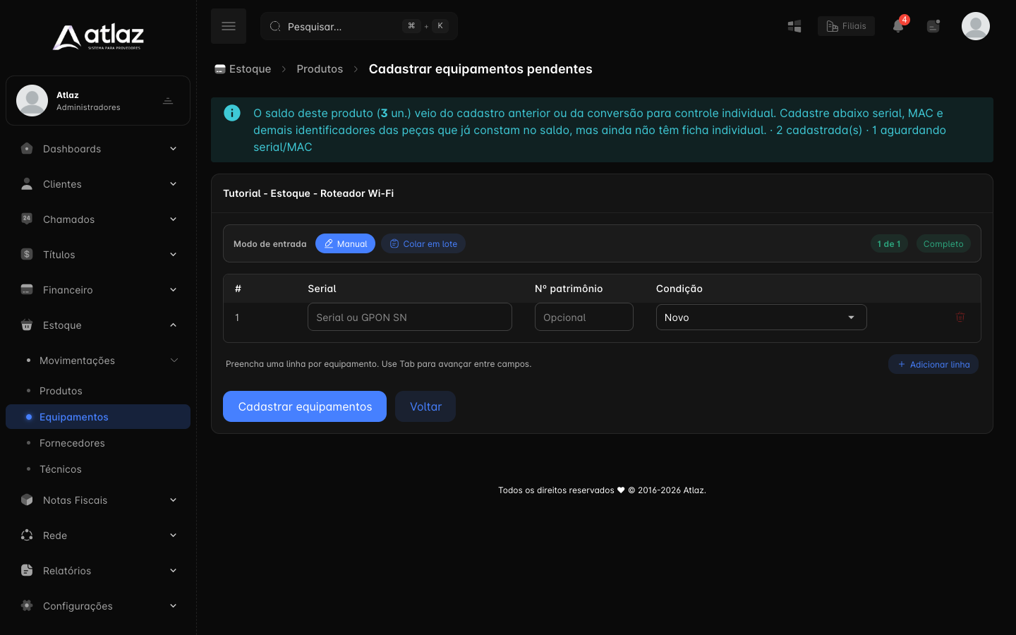 Tela Cadastrar equipamentos pendentes com o modo Manual e as linhas de serial