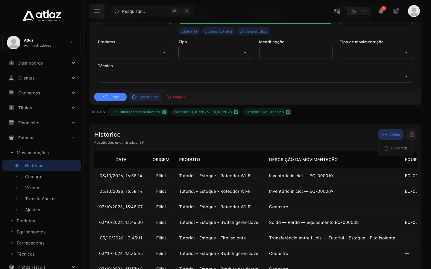 Menu Ações com a opção Exportar