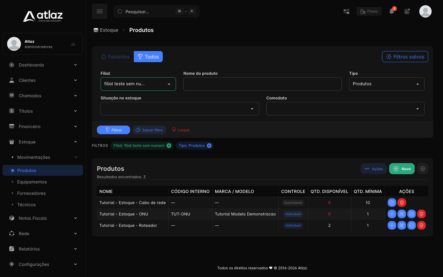 Menu Estoque com os itens Movimentações, Produtos, Equipamentos, Fornecedores e Técnicos