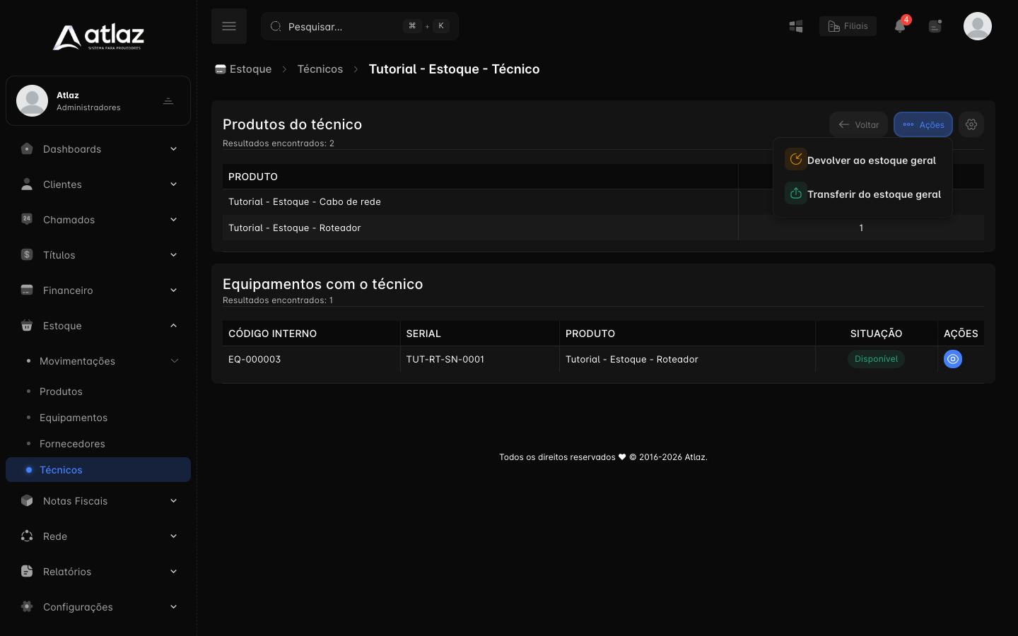 Menu Ações do estoque do técnico
