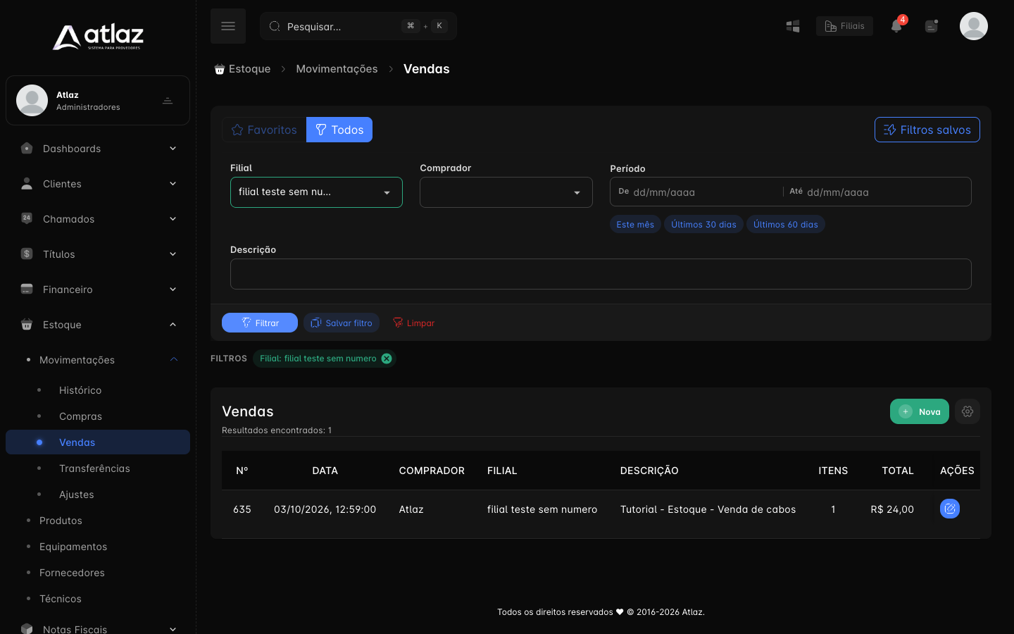 Lista de vendas com filtros e a venda registrada