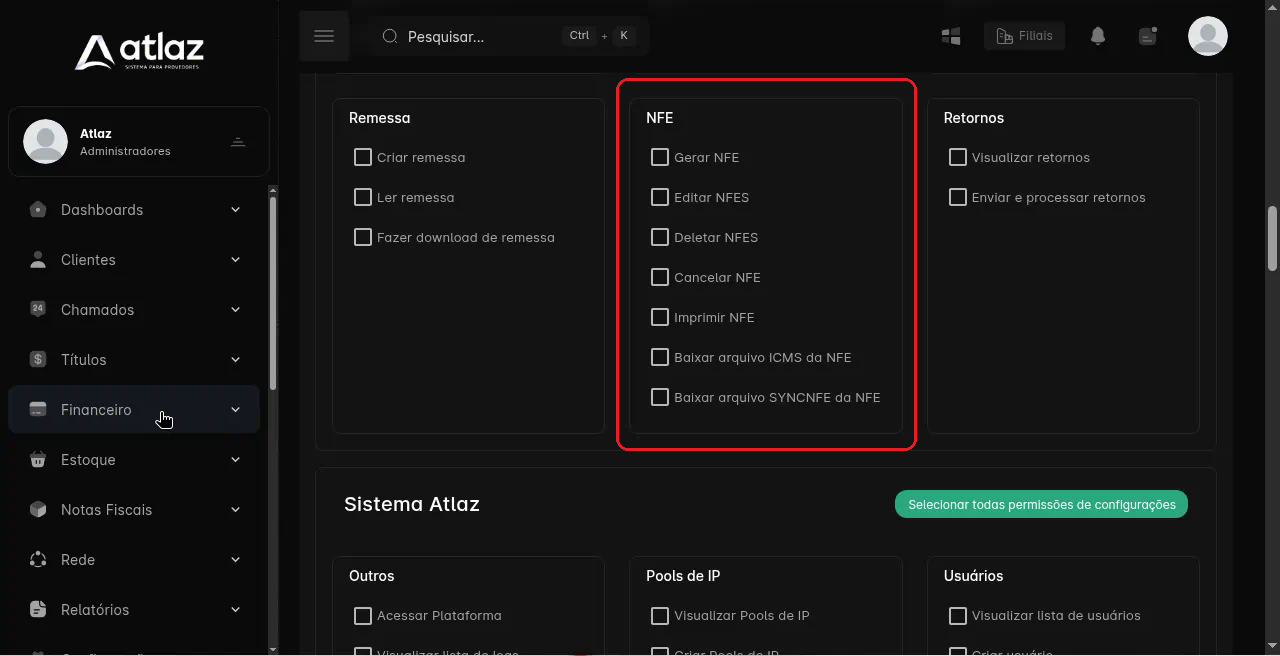 Permissões da seção NFE no grupo
