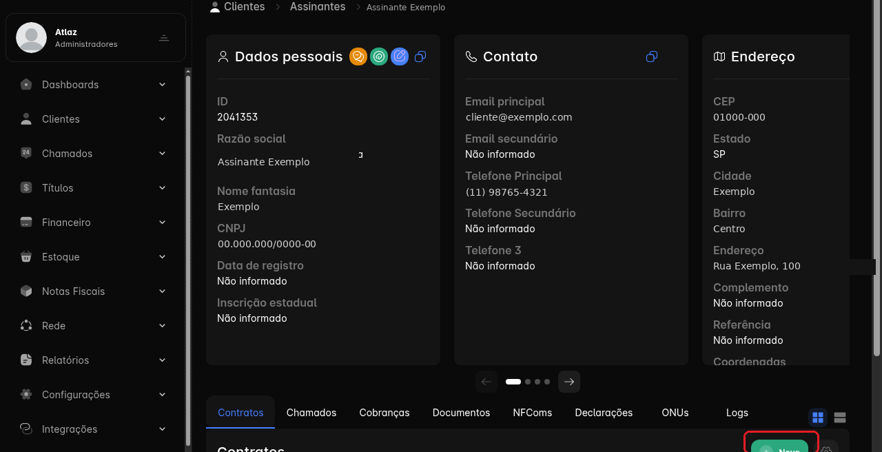Ficha do assinante — aba Contratos e + Novo