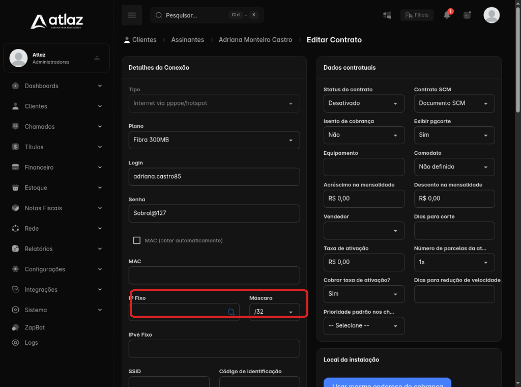 Editar contrato — IP Fixo e Máscara