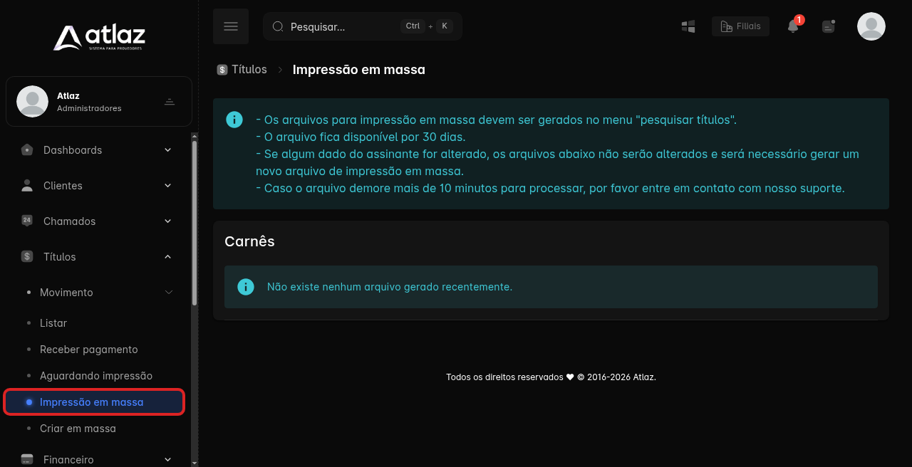 Tela Impressão em massa, com os avisos e a lista de arquivos