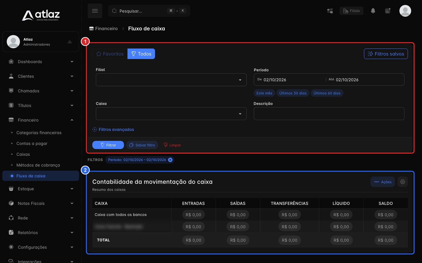Fluxo de caixa com os filtros e o resumo dos caixas
