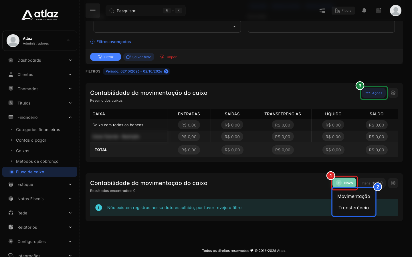 Botão Novo com o menu Movimentação e Transferência, e o botão Ações