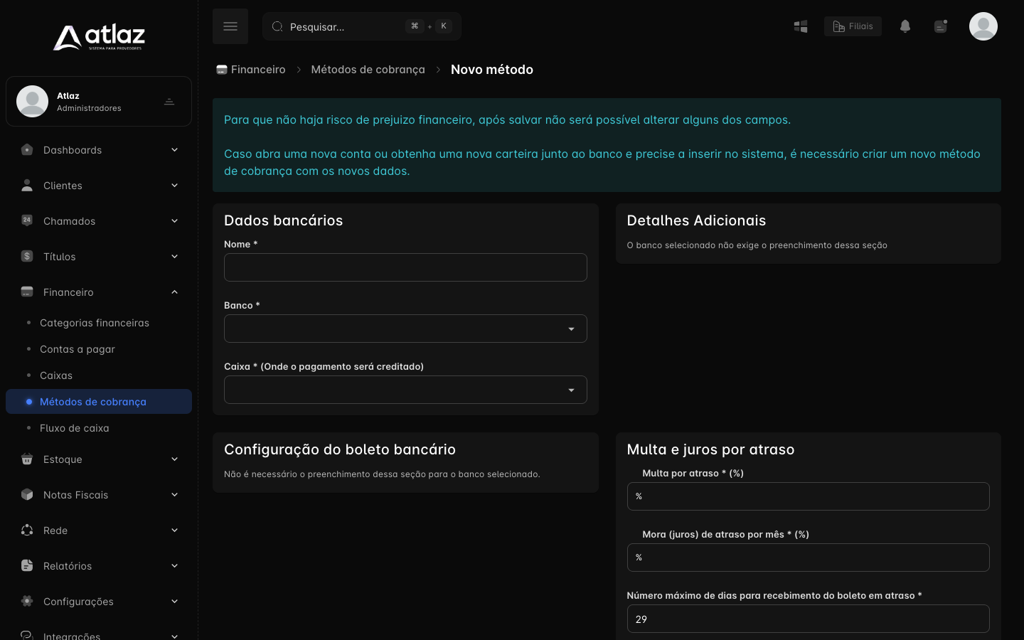 Formulário Novo método, ainda sem banco escolhido, com o aviso de que alguns campos não podem ser alterados depois de salvar