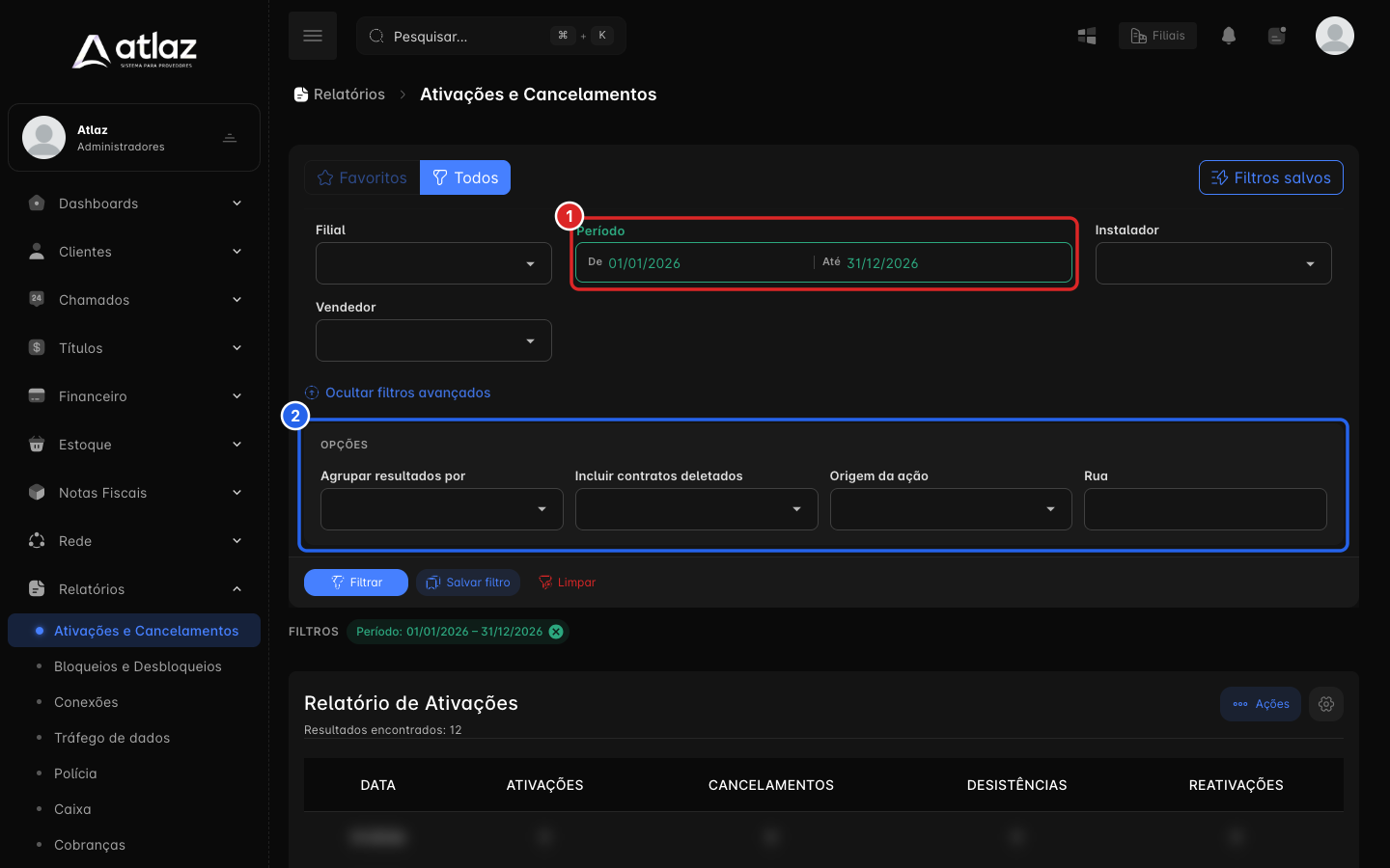 Painel de filtros de um relatório, com o período e as opções avançadas