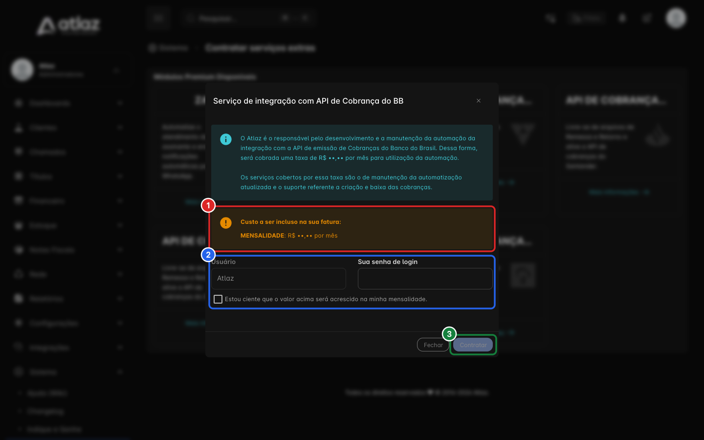 Janela de um serviço, com o custo, a senha de login, a confirmação e o botão Contratar