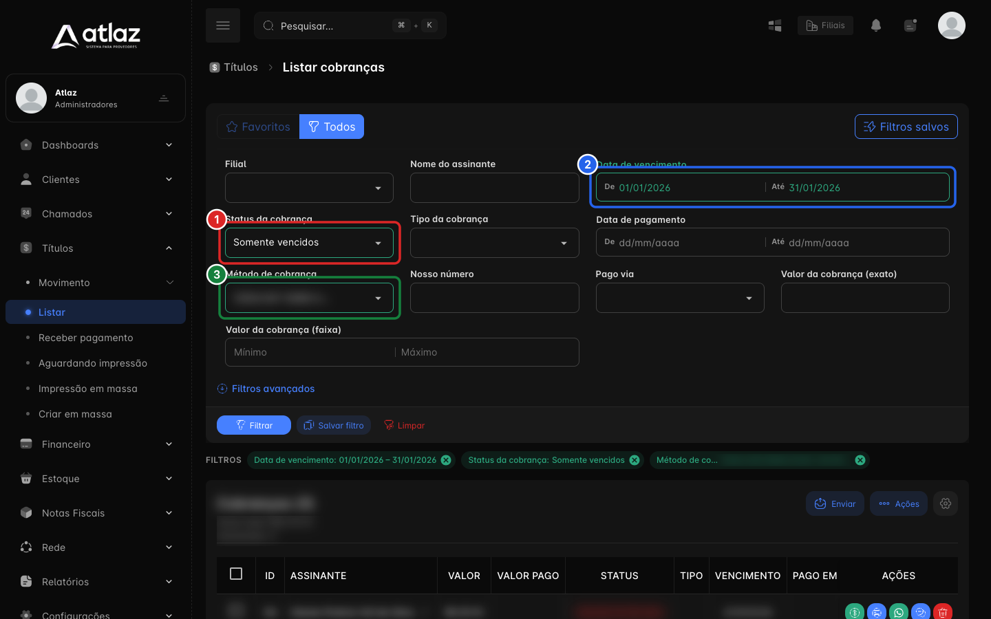 Filtros básicos da listagem, com o exemplo de cobranças vencidas em janeiro de 2026