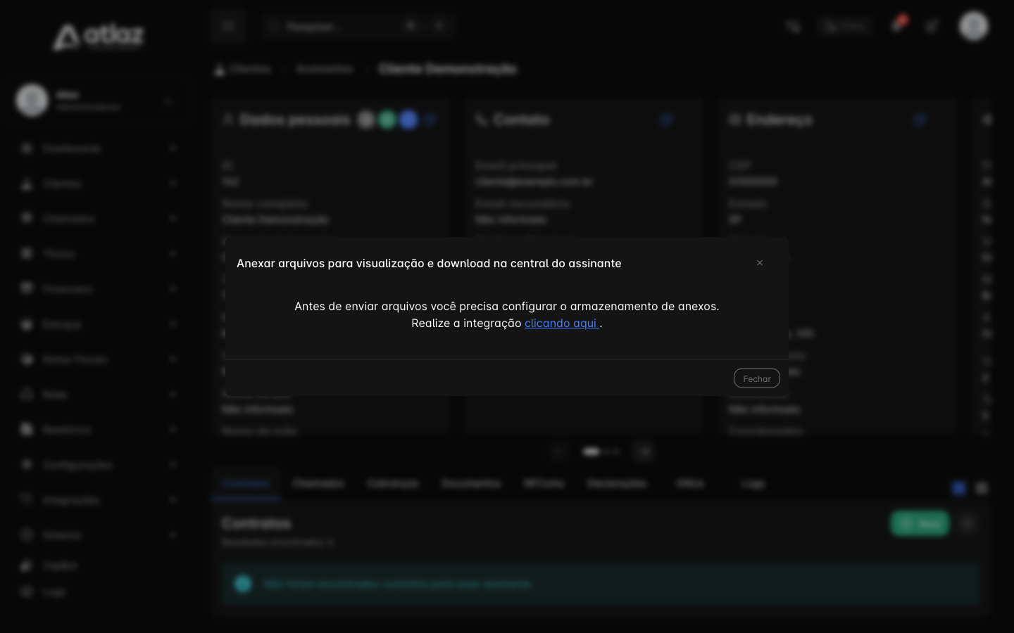 Janela de anexos avisando que o armazenamento precisa ser configurado