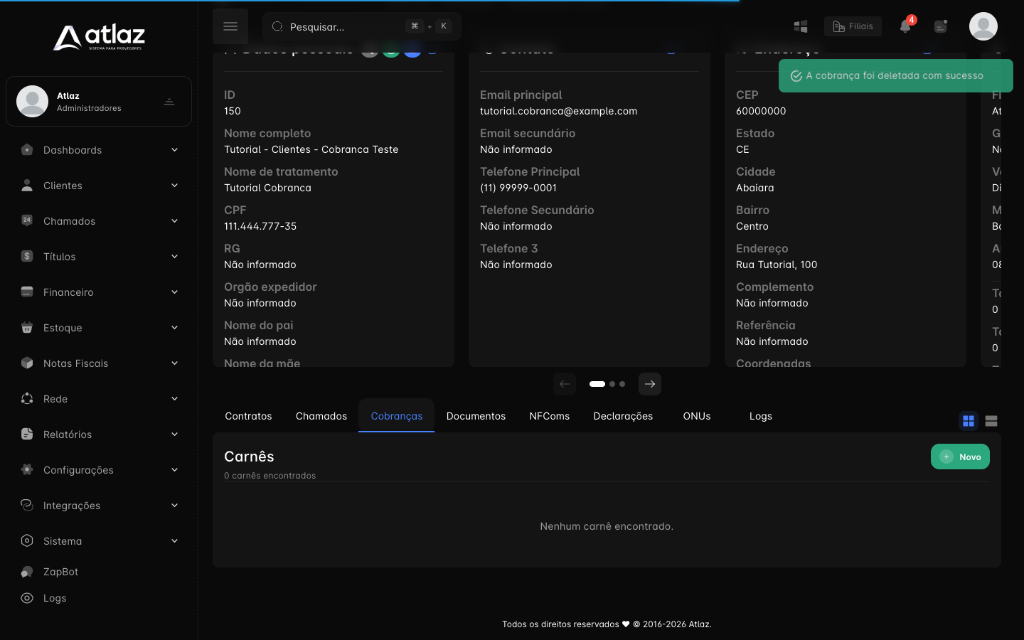 Ficha do assinante depois da exclusão, com a mensagem de sucesso