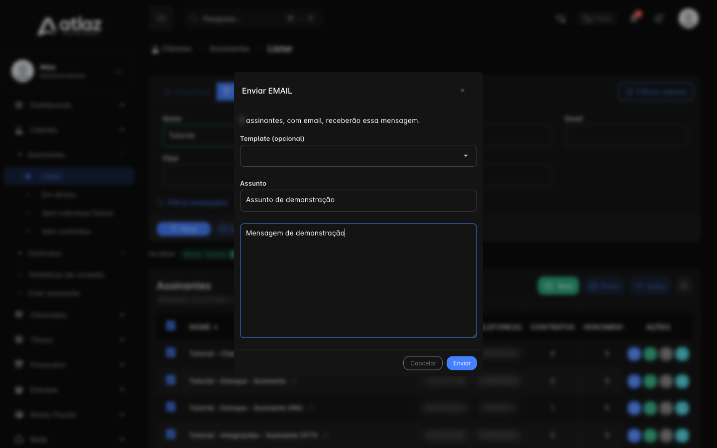 Janela Enviar EMAIL com o campo de template, o assunto e o texto do e-mail