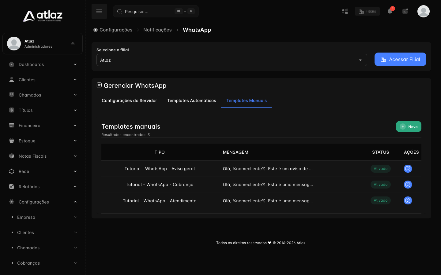 Aba Templates Manuais com três templates ativos