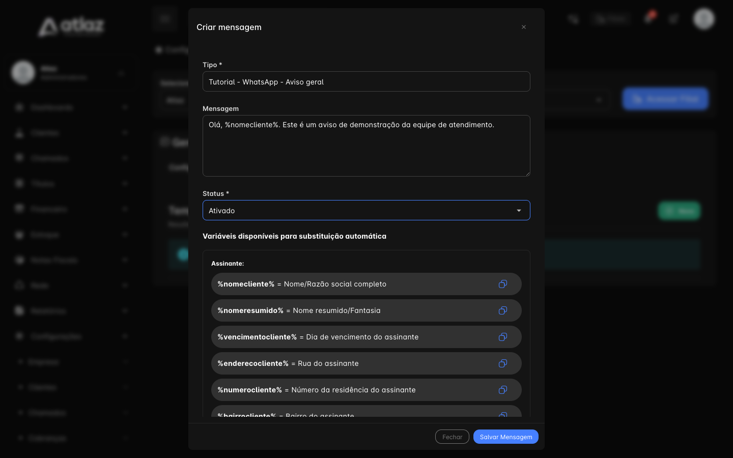Janela Criar mensagem com Tipo, Mensagem e Status