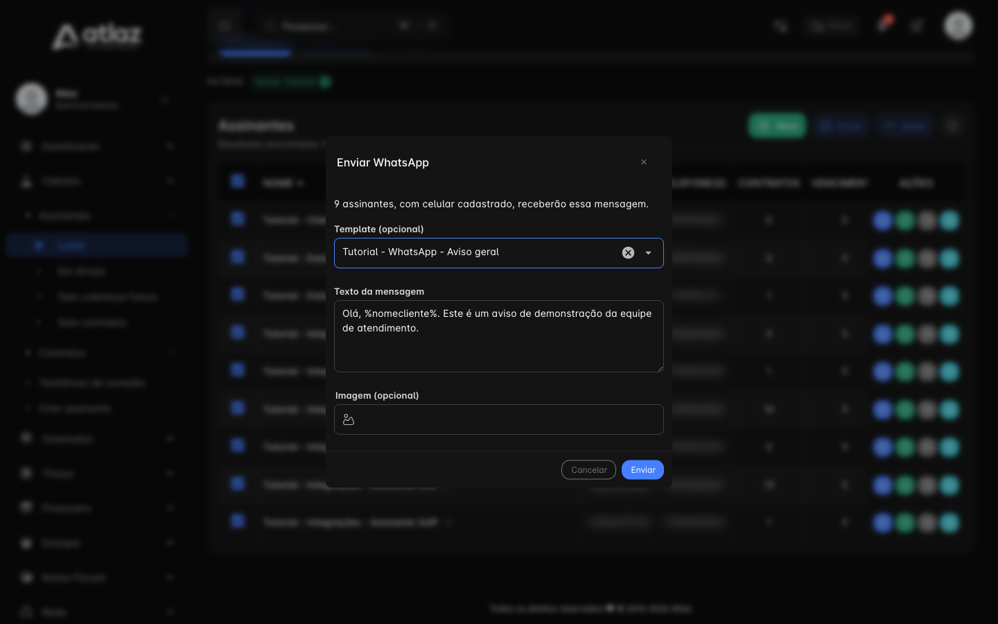 Janela Enviar WhatsApp com o template escolhido e o texto preenchido