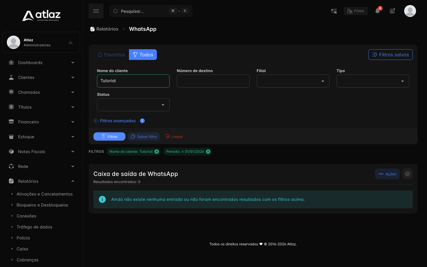 Relatório Caixa de saída de WhatsApp com os filtros Nome do cliente, Número de destino, Filial, Tipo e Status