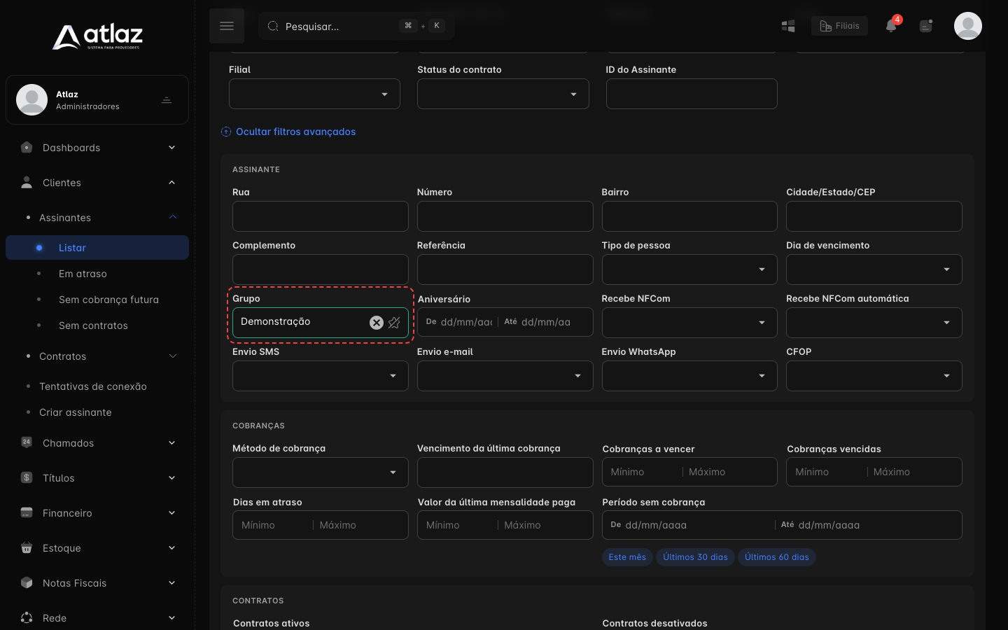 Filtros avançados da lista de assinantes, com o campo Grupo preenchido