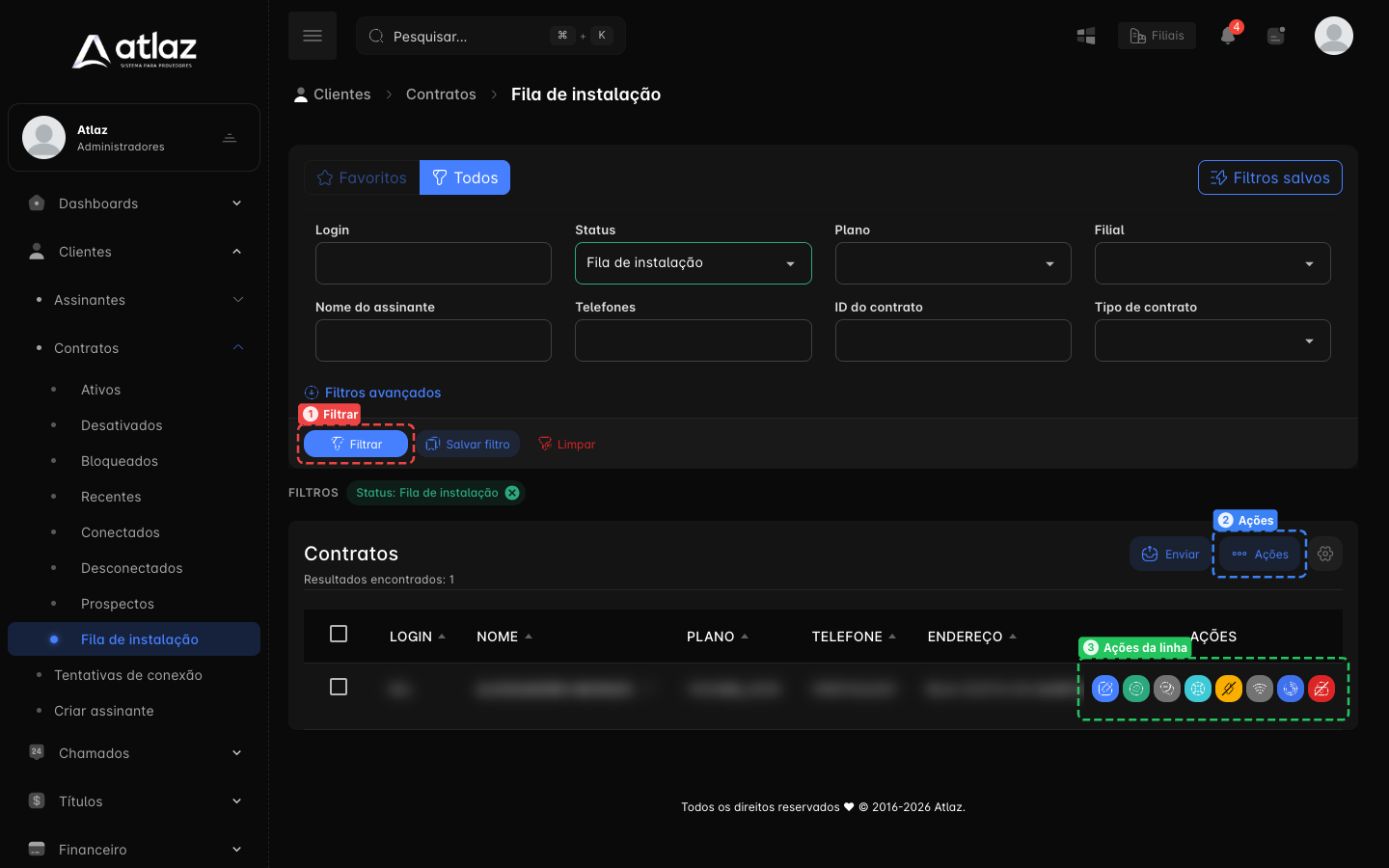 Fila de instalação com os filtros, o botão Filtrar, o menu Ações e as ações da linha