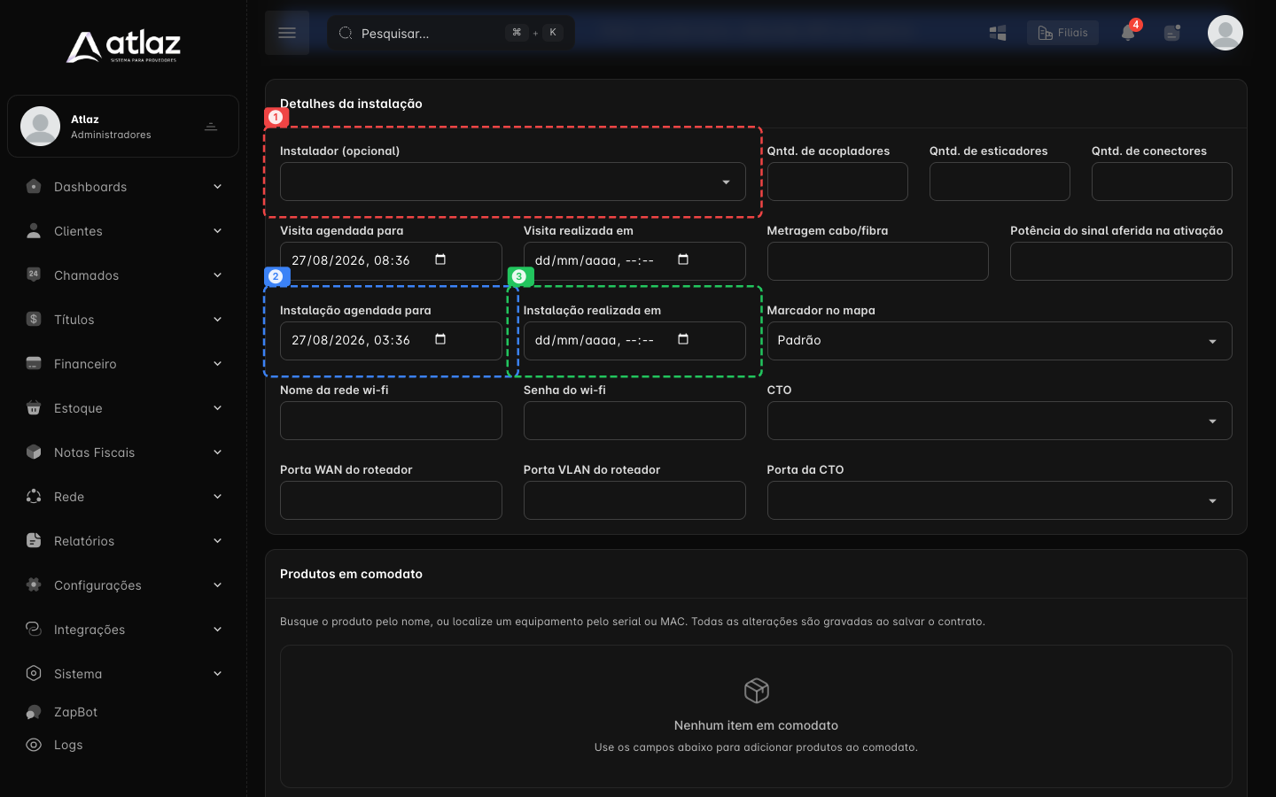 Card Detalhes da instalação, com Instalador, Instalação agendada para e Instalação realizada em