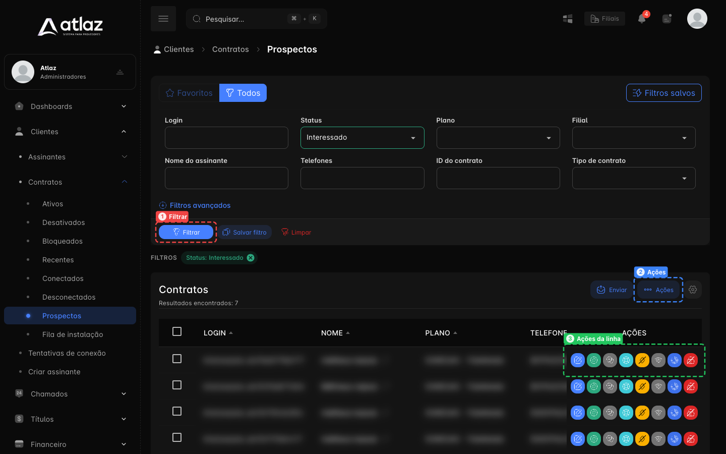 Lista de Prospectos com os filtros, o botão Filtrar, o menu Ações e as ações da linha