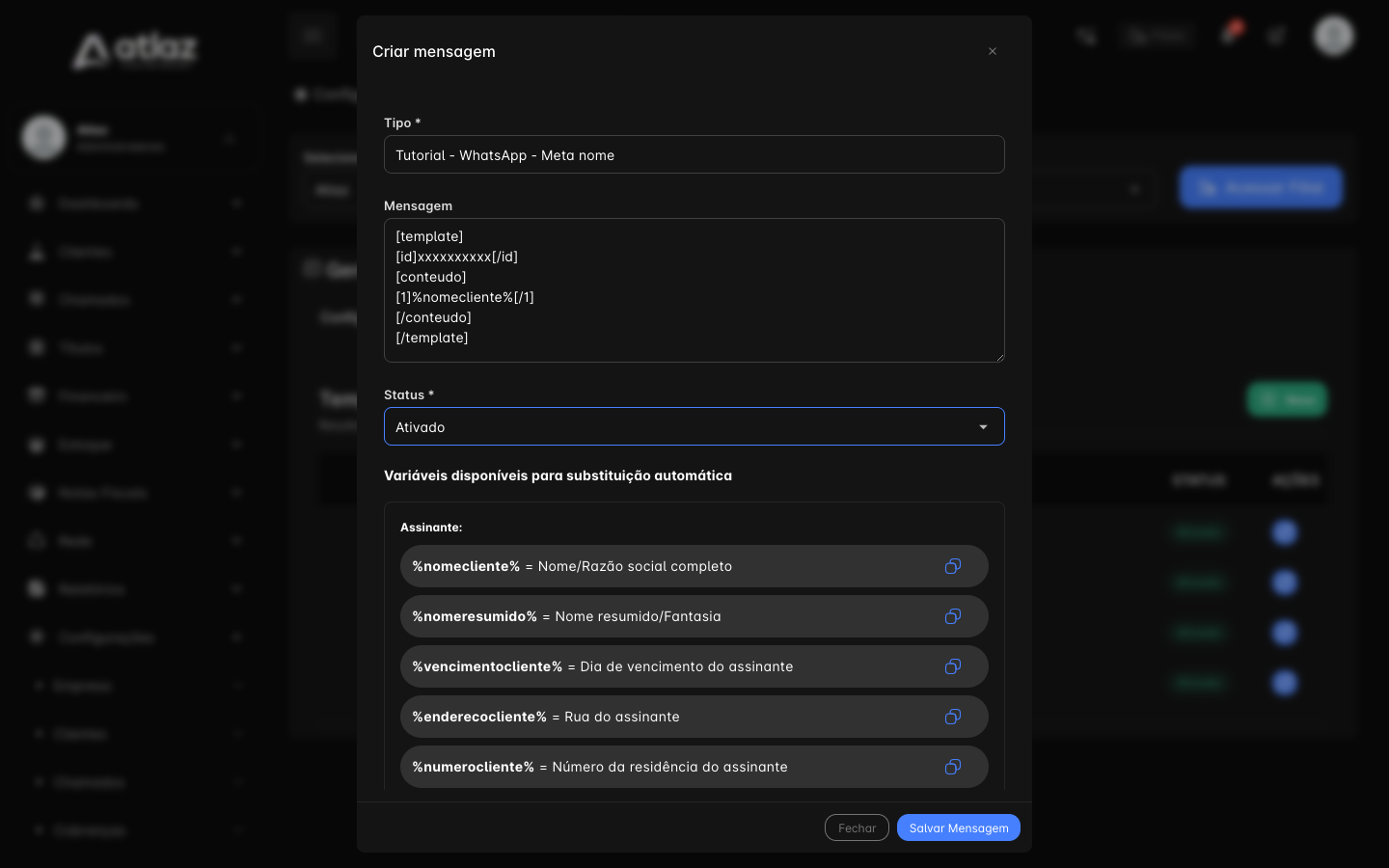 Janela Criar mensagem com o bloco da API Oficial no campo Mensagem, com um ID de exemplo e a variável 1 recebendo nomecliente