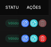 Colunas Status e Ações da lista de certificados, com os ícones Alterar, Download e Remover