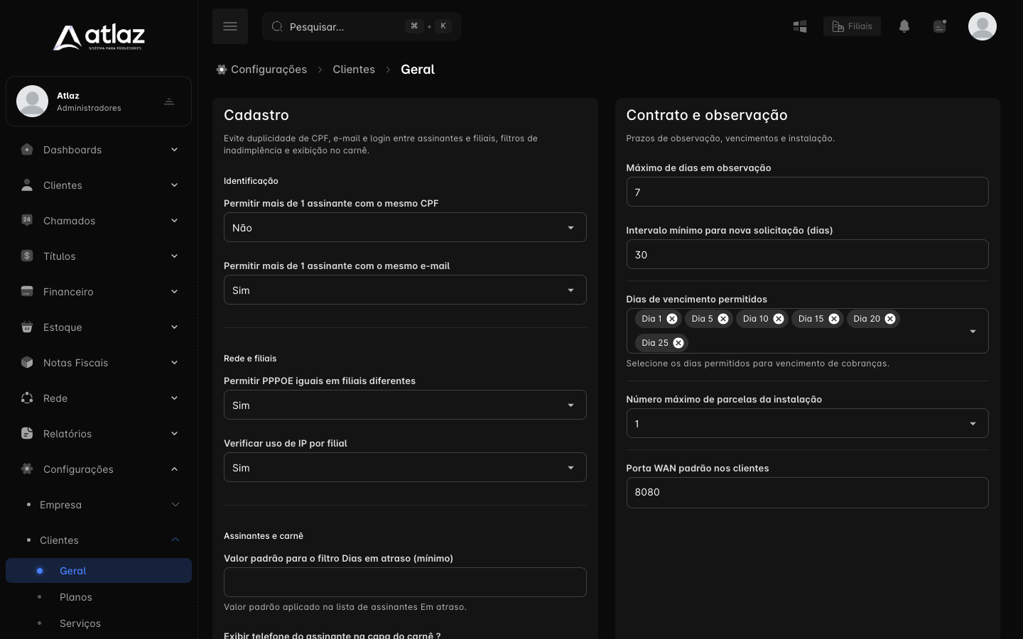 Tela Configurações, Clientes, Geral, com as seções Cadastro, Contrato e observação e Obrigatoriedade dos campos
