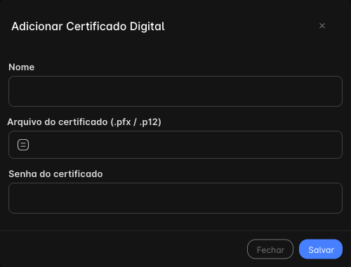 Janela Adicionar Certificado Digital, com os campos Nome, Arquivo do certificado e Senha do certificado