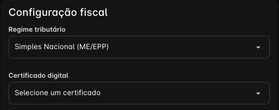 Seção Configuração fiscal da filial, com o campo Certificado digital