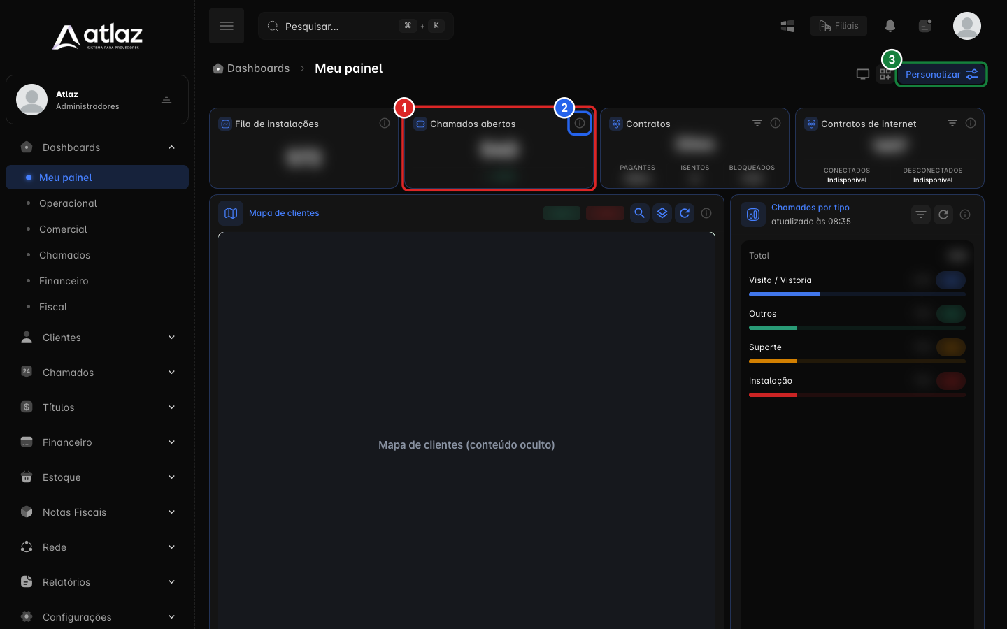 Meu painel com um widget, o ícone i e o botão Personalizar destacados
